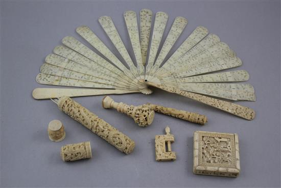 A group of Chinese export ivory items, 19th century, fan 17.5cm.